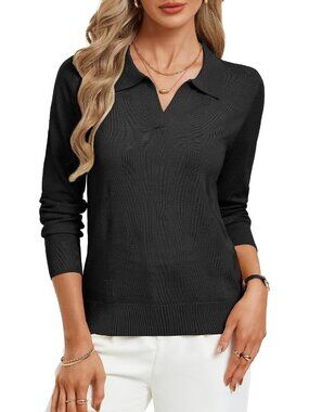 Kate Kasin Women's Black Ribbed V Neck Long Sleeve Classic Knitted Polo Sweaters